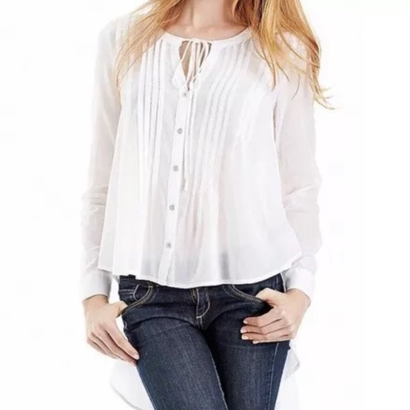 FREE PEOPLE Flowy High Low Long Sleeve White Button Up Shirt Top Size L Boho - Picture 1 of 6